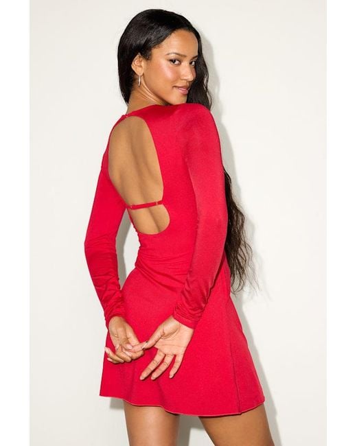 Lulus Red Caylis Ruched Long Sleeve Cutout Mini Dress