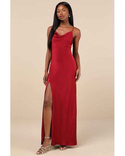 Lulus Truly A Beauty Satin Cowl Neck Side Button Maxi Dress in Red | Lyst UK