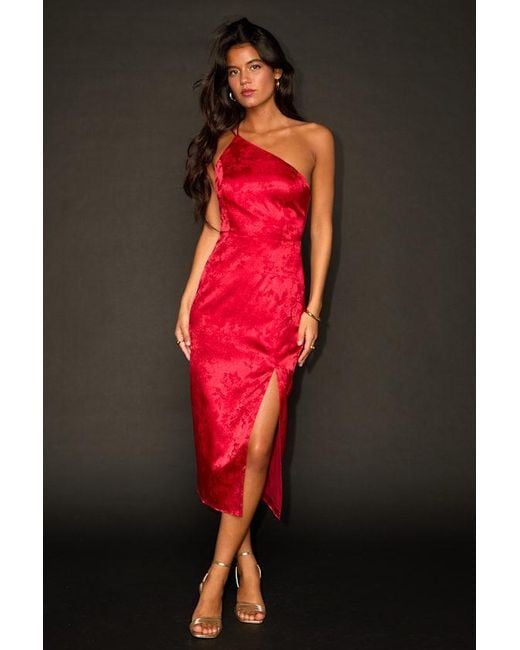 Lulus Red Desirable Dream Satin Jacquard Halter Neck Midi Dress
