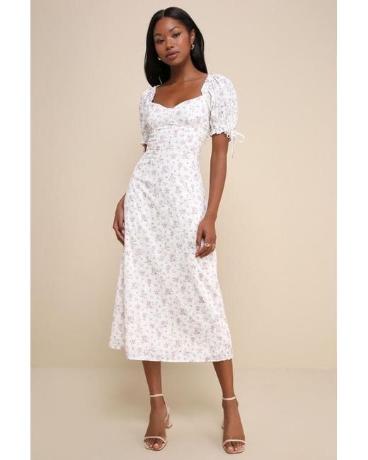 Lulus Natural Certified Charmer Burnout Floral Puff Sleeve Midi Dress