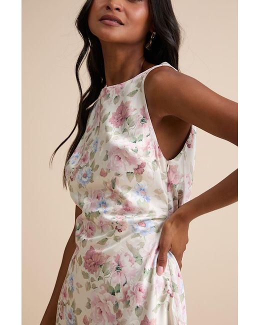Lulus Natural Coralise Cream Floral Satin Cowl Back Mini Dress