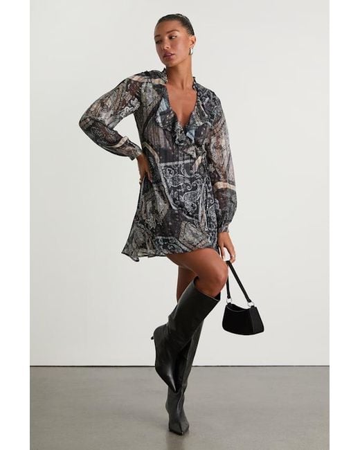 Lulus Gray Claire Dark Boho Print Wrap Mini Dress
