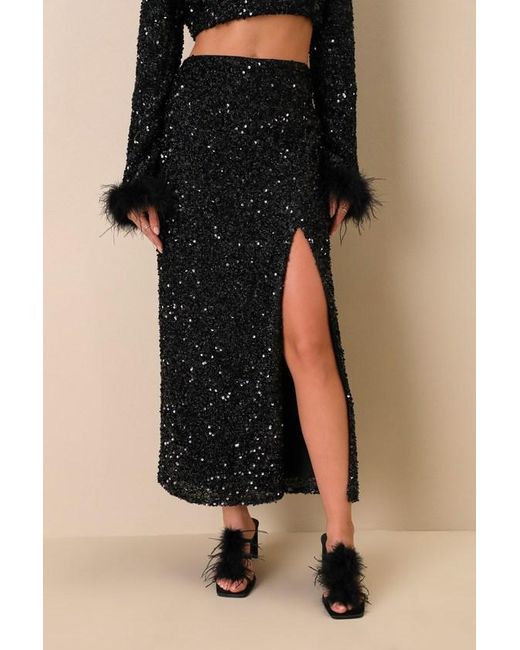 Lulus Black Sparkling Behavior Sequin High-Rise Midi Skirt