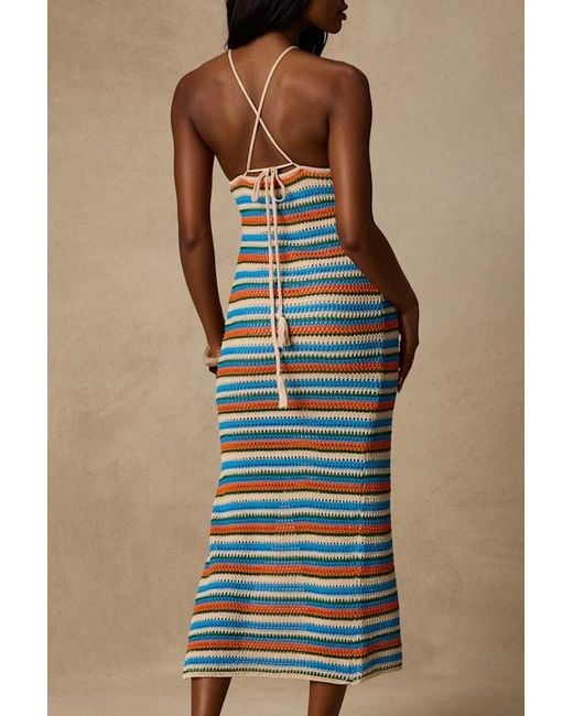 Lulus Blue Nalani Multi Striped Crochet Halter Midi Dress