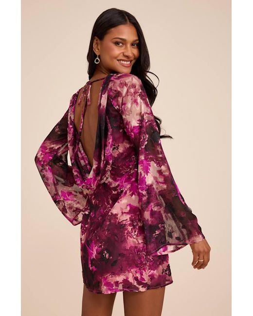 Lulus Red Jaleen Plum Floral Jacquard Bell Sleeve Mini Dress