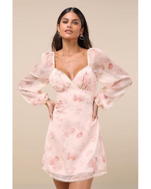 Lulus Pink Lovely Poise Light Floral Tie-Back Long Sleeve Mini Dress