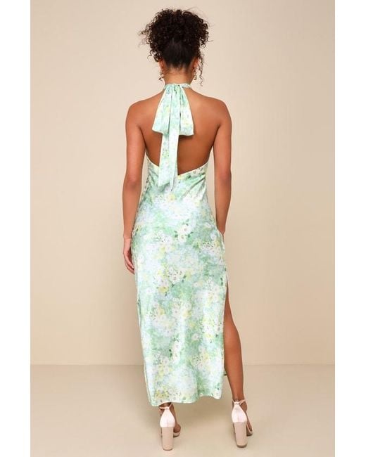 Lulus Green Glowing Presence Light Floral Satin Halter Maxi Dress