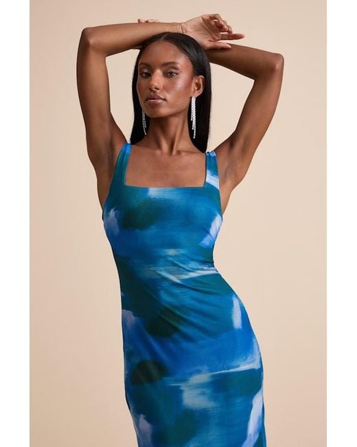 Lulus Blue Zemina Abstract Godet Pleated Mermaid Maxi Dress