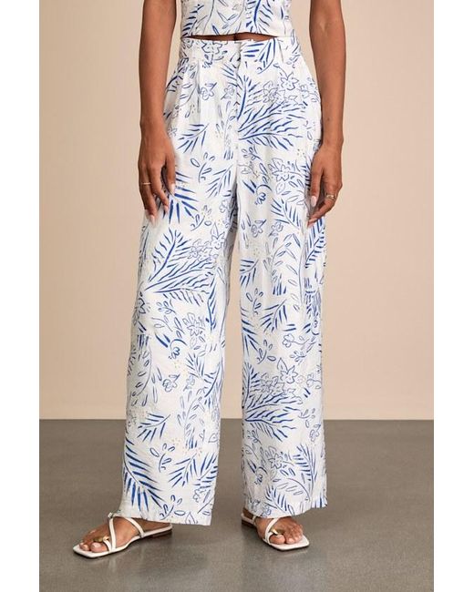 Lulus Natural Amarae Ivory And Floral Print Wide-Leg Trouser Pants