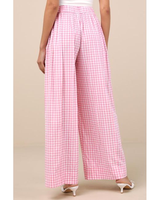 Lulus Pink Delphine Gingham Wide-Leg Pants