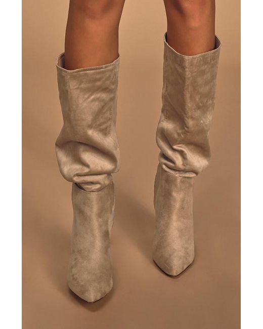 Lulus Brown Katari Taupe Suede Pointed-Toe Knee High Boots