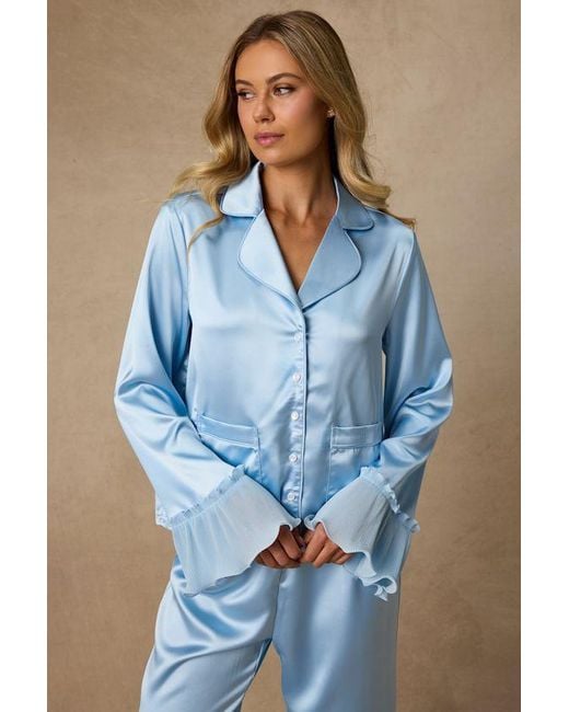 Lulus Blue Melanie Satin Ruffled Two-Piece Pajama Set