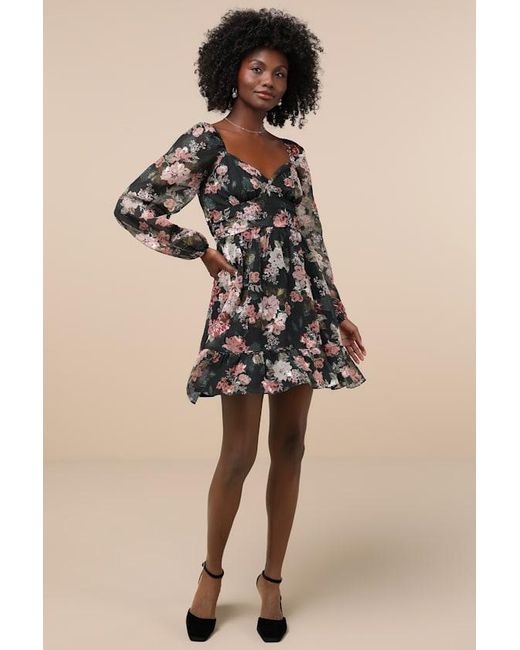 Lulus Black Truly Adorable Floral Burnout Balloon Sleeve Mini Dress