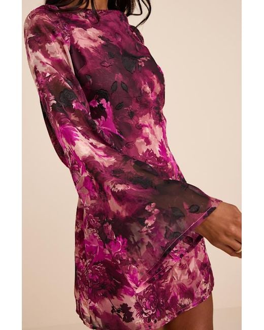 Lulus Red Jaleen Plum Floral Jacquard Bell Sleeve Mini Dress