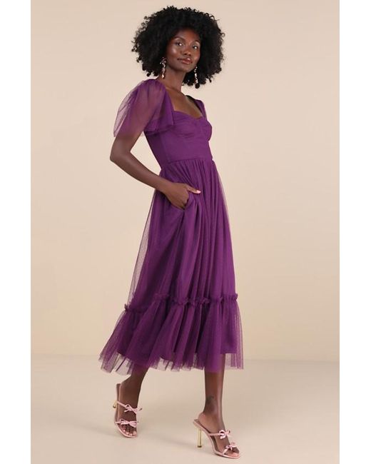 Lulus Purple Dreamy Celebration Plum Tulle Bustier Swiss Dot Midi Dres