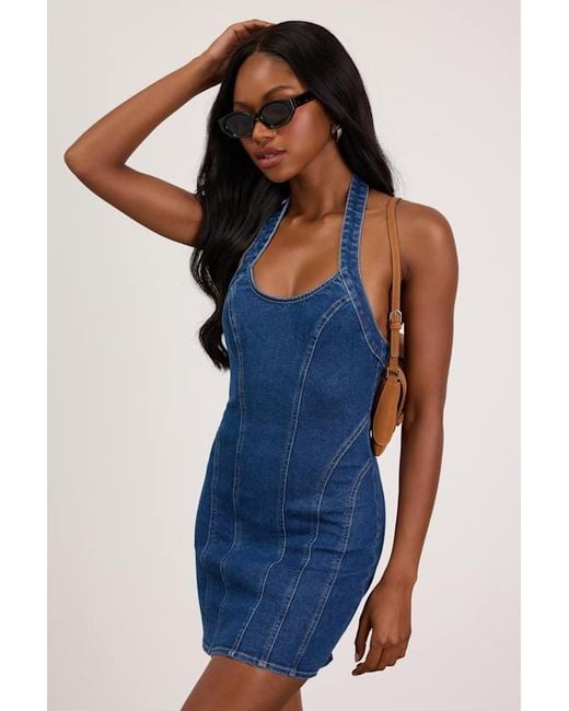 Lulus Blue Mayla Medium Wash Denim Halter Mini Dress