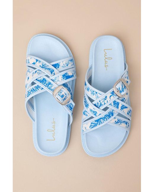 Lulus Blue Killian Tropical Print Slide Sandals