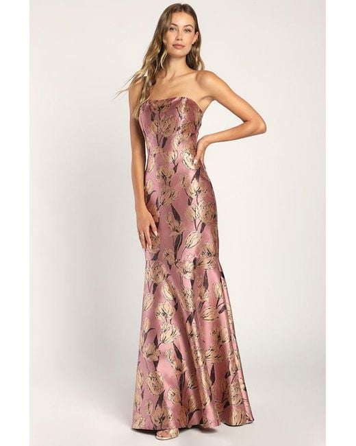 Lulus Purple Gowning Around Floral Jacquard Strapless Maxi Dress