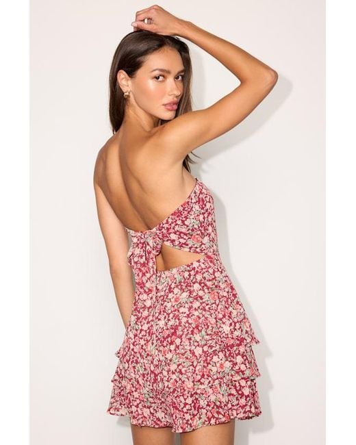 Lulus Pink Suvi Floral Strapless Tiered Asymmetrical Mini Dress