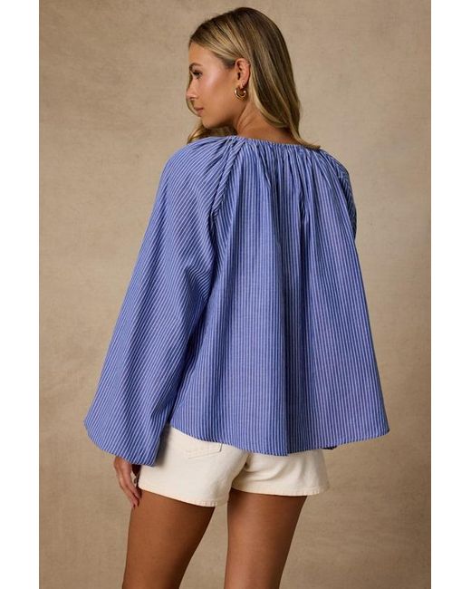 Lulus Blue Ricki Striped Cotton Billowy Sleeve Oversized Top