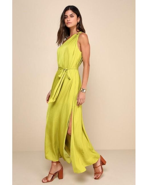 Lulus Green Goddess Aura Chartreuse Satin One-Shoulder Maxi Dress