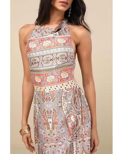 Lulus Pink Radina Paisley Print Satin Halter Midi Wrap Dress