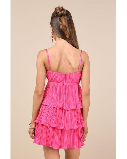 Lulus Pink Sleek Dedication Satin Plisse Cutout Tiered Mini Dress