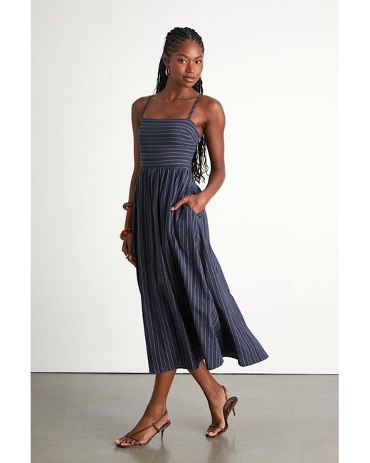 Lulus Blue Feeling The Best Striped Tie-Back Midi Dress With Pockets
