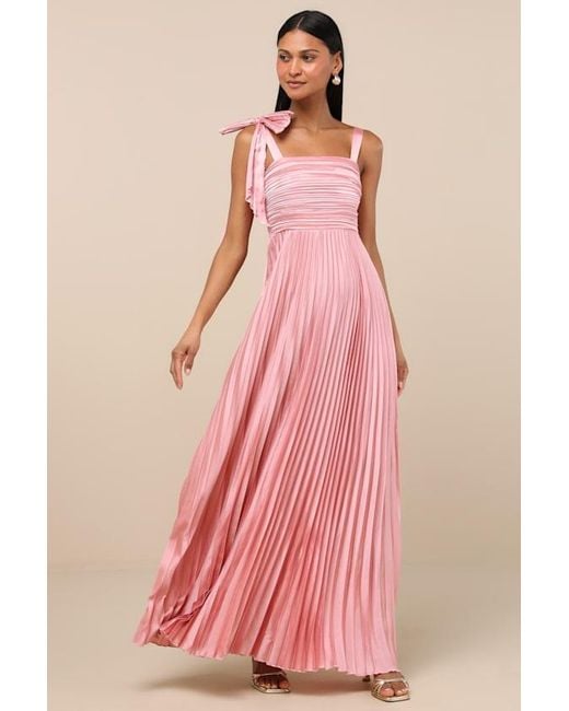 Lulus Pink Gorgeous Purpose Satin Pleated Sleeveless Bow Maxi Dress
