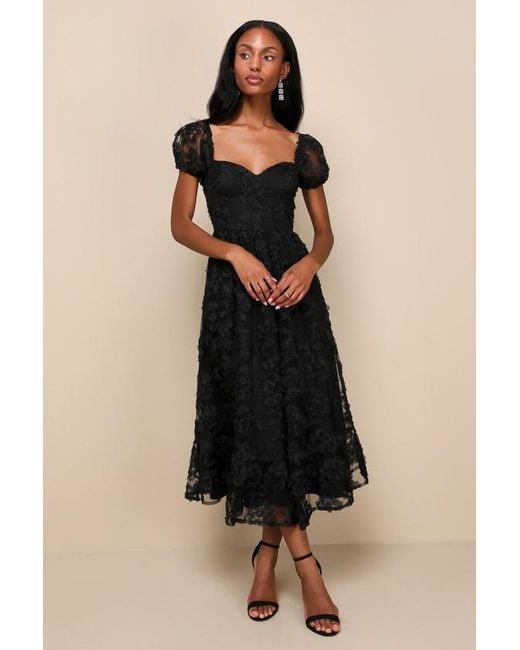 Lulus Black Notable Elegance Mesh Floral Applique Bustier Midi Dress