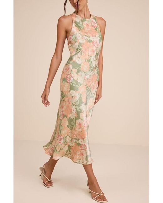 Lulus Natural Belin Sage Multi Floral Satin Backless Midi Dress