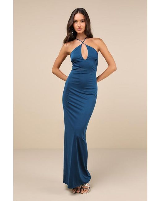 Lulus Blue Momentous Glamour Dark Cross-Front Backless Maxi Dress