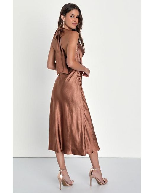 Lulus Brown Sophisticated Impression Satin Backless Cowl Midi Dress