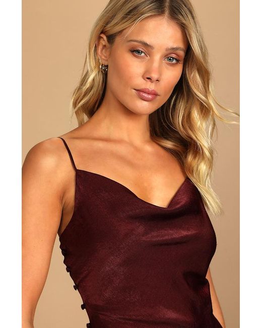 Lulus Natural Slinking Out Loud Satin Side Button Slip Dress