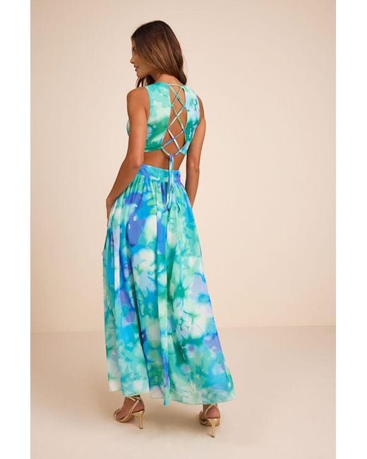 Lulus Blue Elisanna Multi Floral Lace-Up Midi Dress