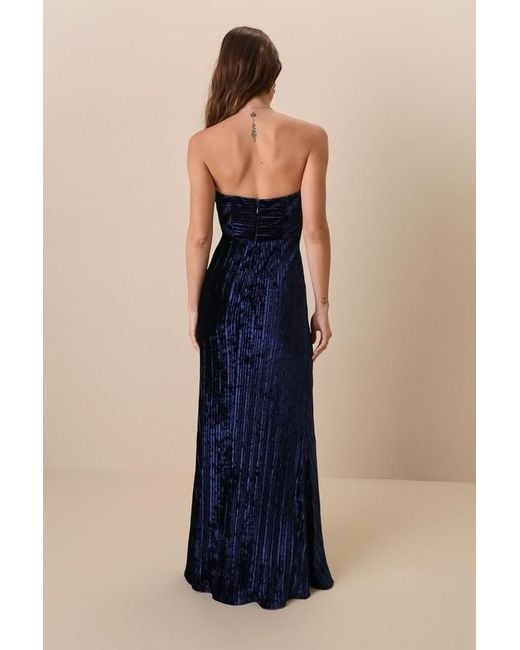 Lulus Blue Classy Sensation Velvet Pleated Strapless Maxi Dress