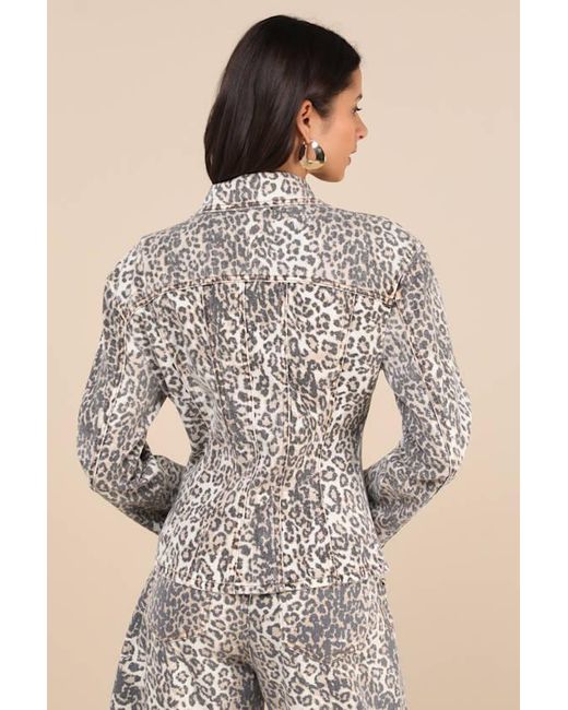 Lioness Natural Rider Faded Leopard Print Seamed Denim Jacket