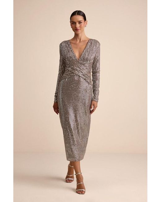 Lulus Natural Helena And Sequin Long Sleeve Midi Dress