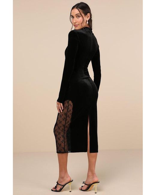 Lulus Black Eloquent Drama Velvet Mock Neck Midi Dress