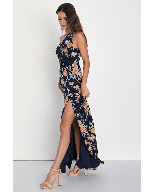 Lulus Blue Elegant Admiration Floral One-Shoulder Maxi Dress