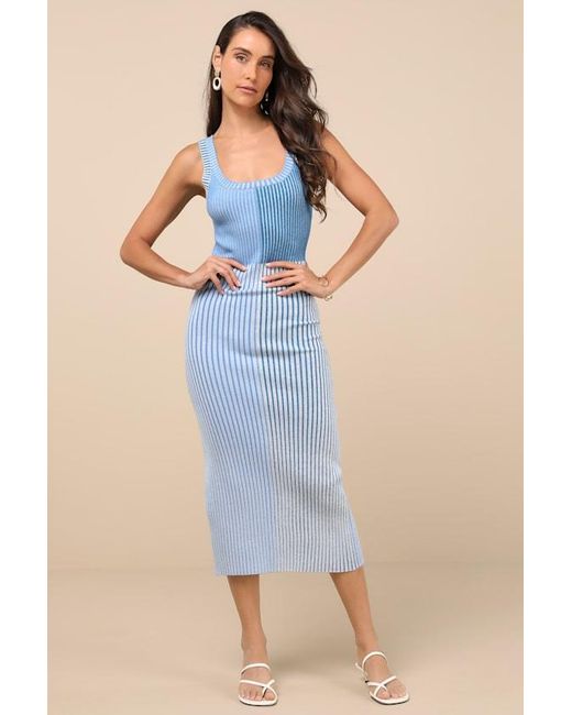 Lulus Blue Radiant Personality Color Block Ribbed Knit Midi Dress