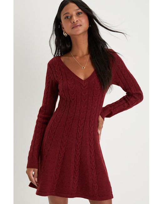 Lulus Red Sweetly Seasonal Cable Knit Sweater Mini Dress