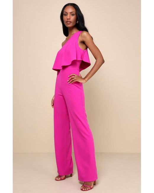 Lulus Pink Flawless Vibes One-Shoulder Tiered Wide-Leg Jumpsuit