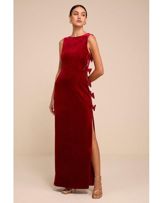 Lulus Red Cordelia Velvet Bow Cutout Column Maxi Dress