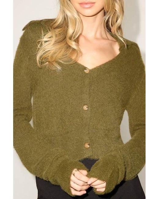 Lulus Green Poehler Eyelash Knit Collared Cropped Cardigan