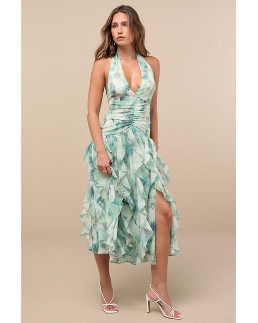 Lulus Green Febe Multi Abstract Halter Ruffled Midi Dress