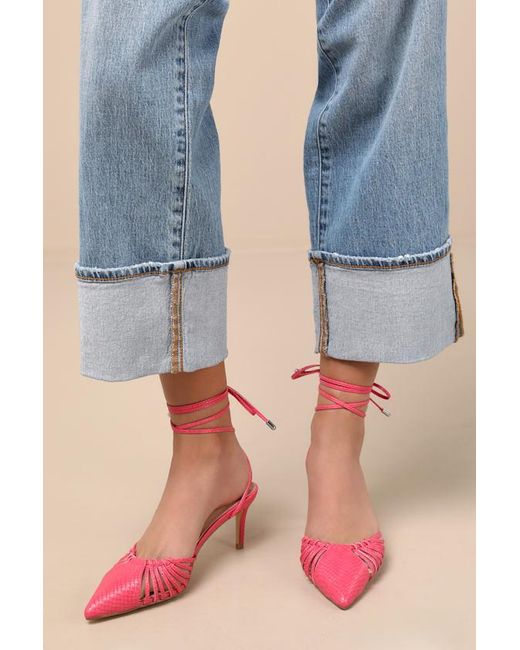 Lulus Blue Ansel Snake-Embossed Lace-Up Pumps