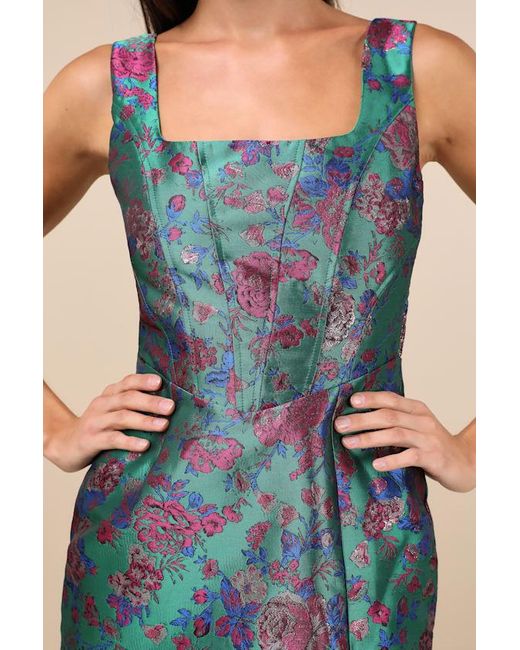 Lulus Green Compelling Drama Floral Jacquard Lurex Bustier Mini Dress