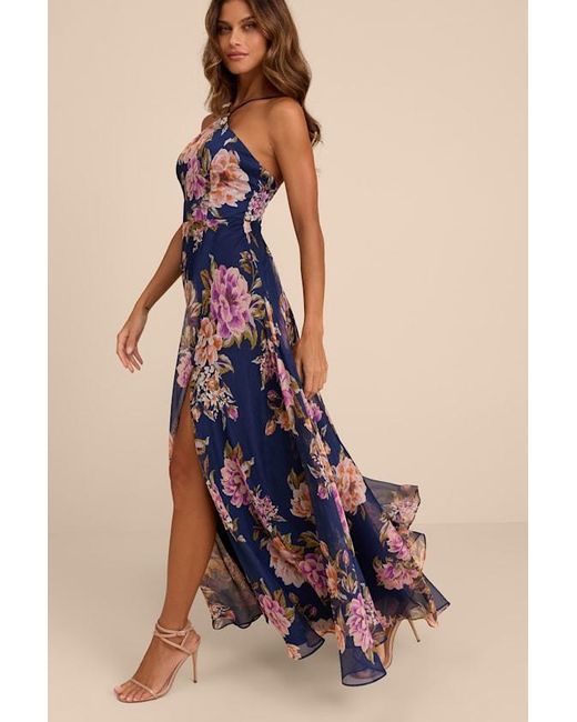 Lulus Blue Romantic Marvel Floral Print Halter Neck Maxi Dress