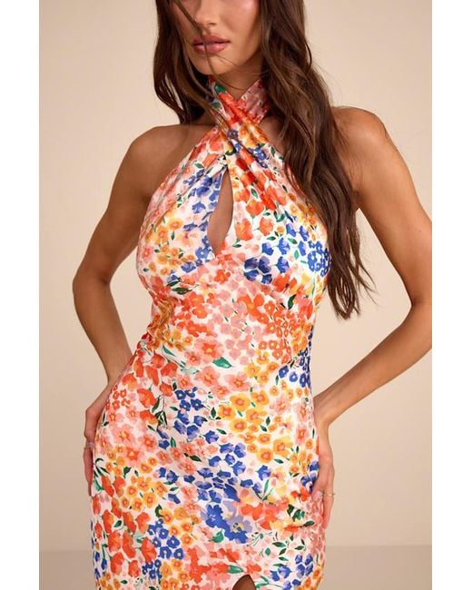Lulus Orange Bold Presence Multi Floral Satin Halter Midi Dress